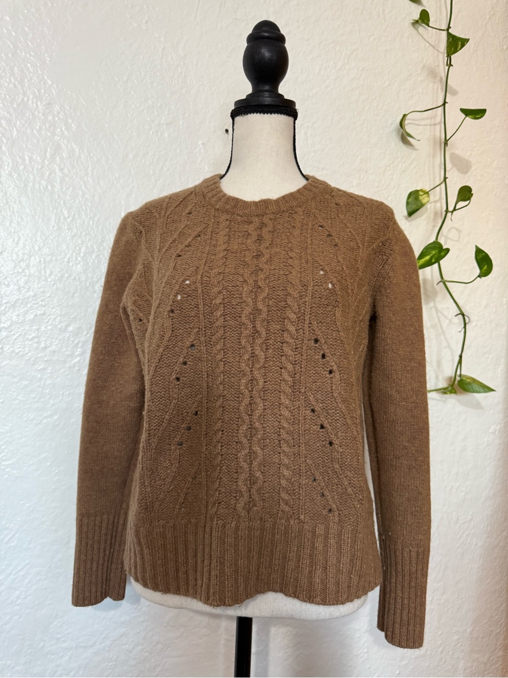 J. Crew Brown Cable Knit Pointelle Crewneck Sweater Small Classic Fall